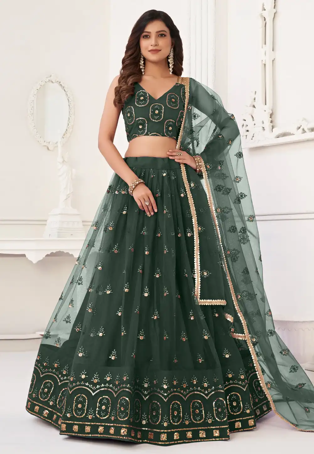 Green Net Circular Lehenga Choli 283687