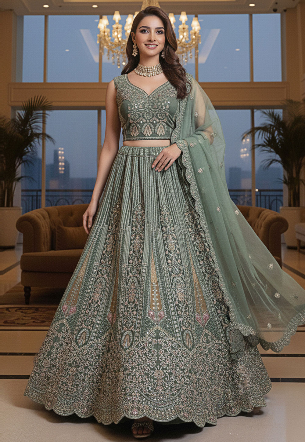 Green Net Circular Lehenga Choli 320428