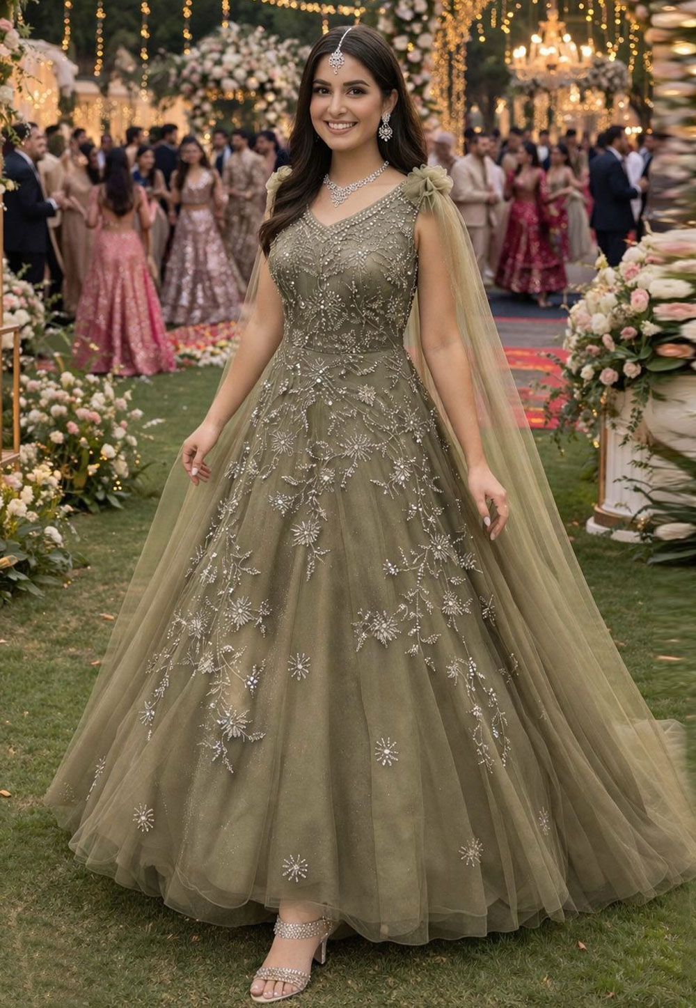Green Net Designer Gown 327693