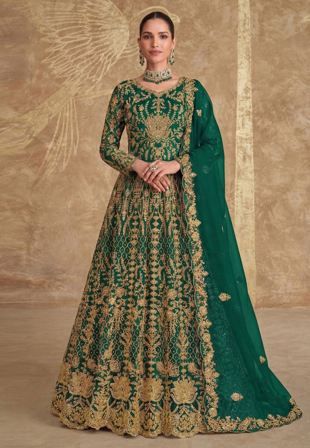 Green Net Embroidered Anarkali Suit 326829
