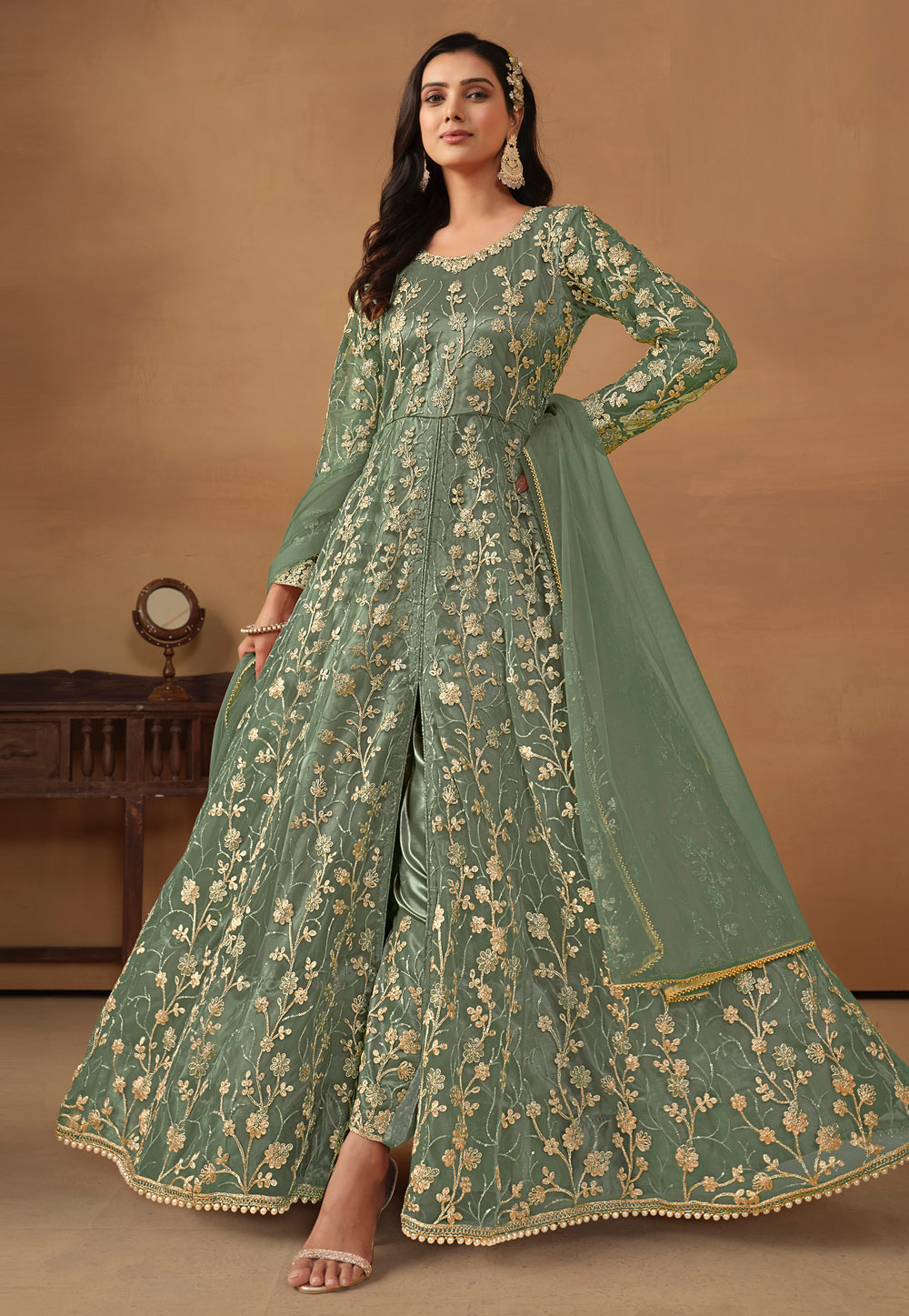 Green Net Embroidered Center Slit Anarkali Suit 283288