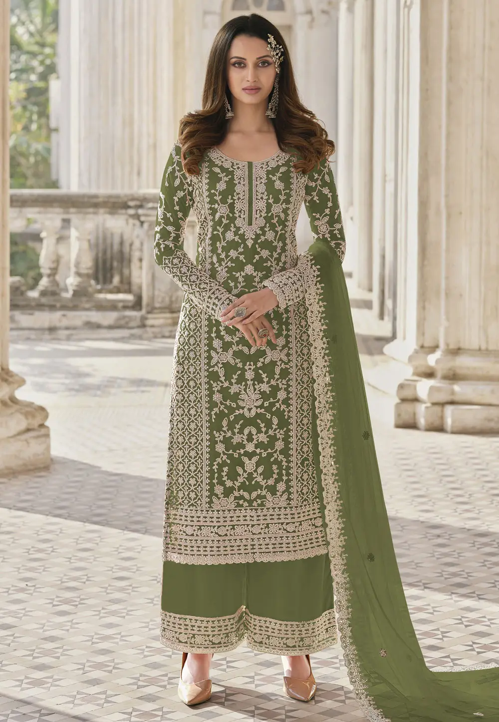 Green Net Embroidered Palazzo Suit 334484