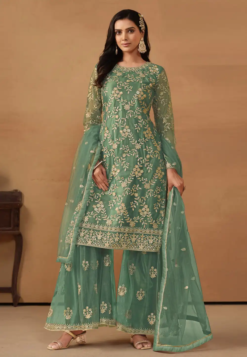 Green Net Gharara Suit 281547