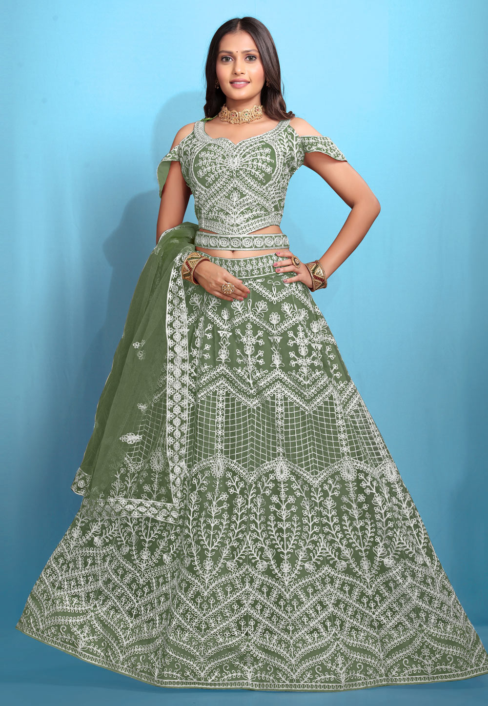 Green Net Lehenga Choli 318126
