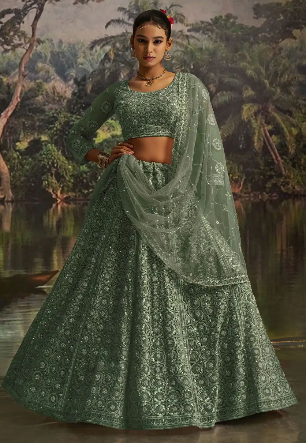 Green Net Lehenga Choli For Wedding 316384