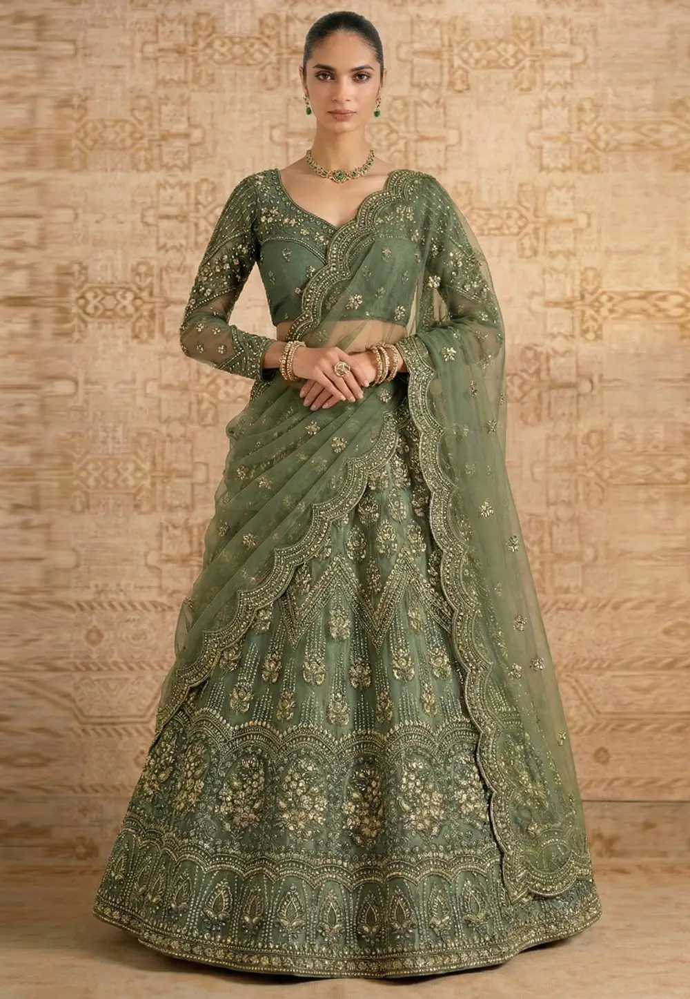 Green Net Lehenga Choli For Wedding 333451