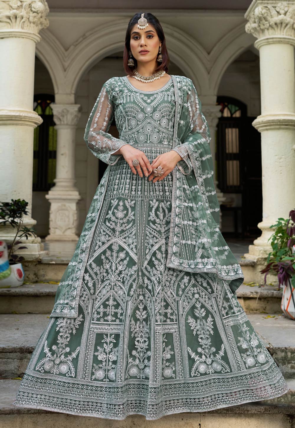 Green Net Long Anarkali Suit 325304