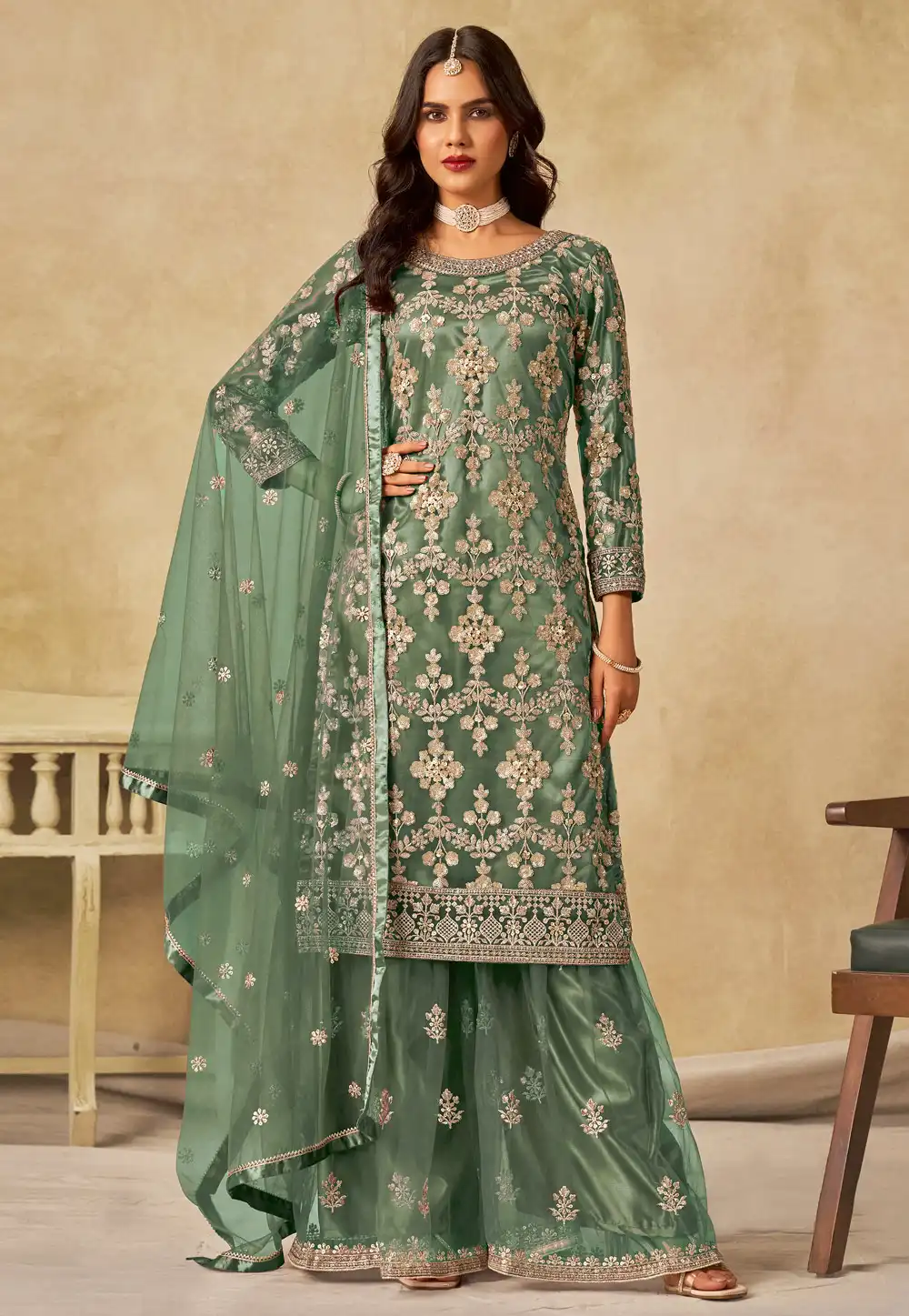 Green Net Pakistani Suit 318078