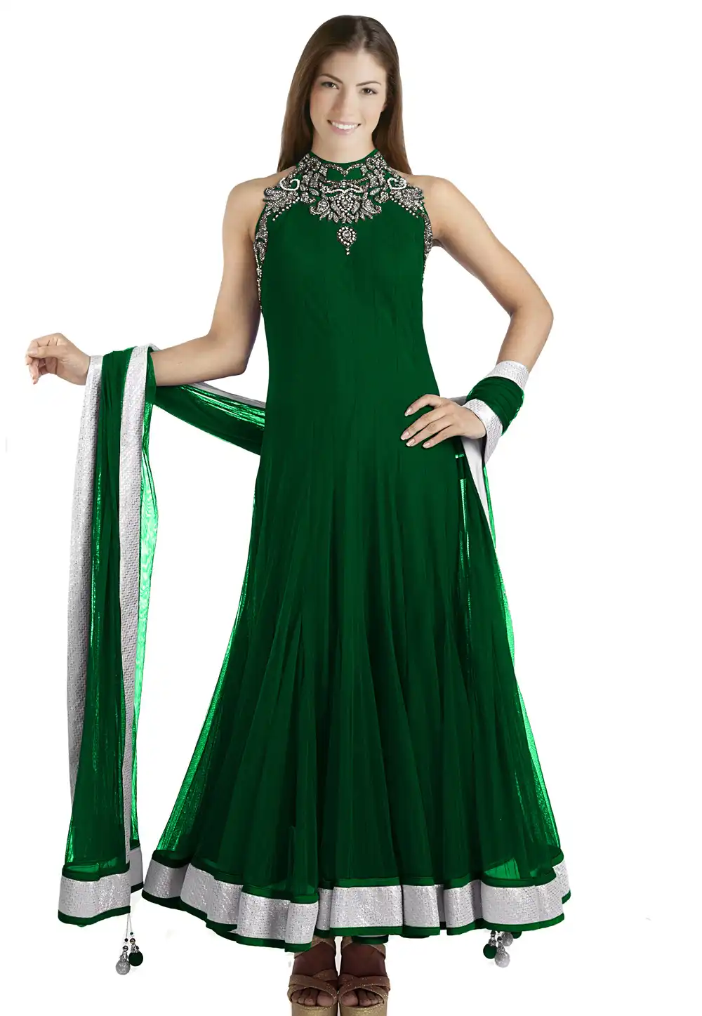 Green Net Readymade Anarkali Suit 321762