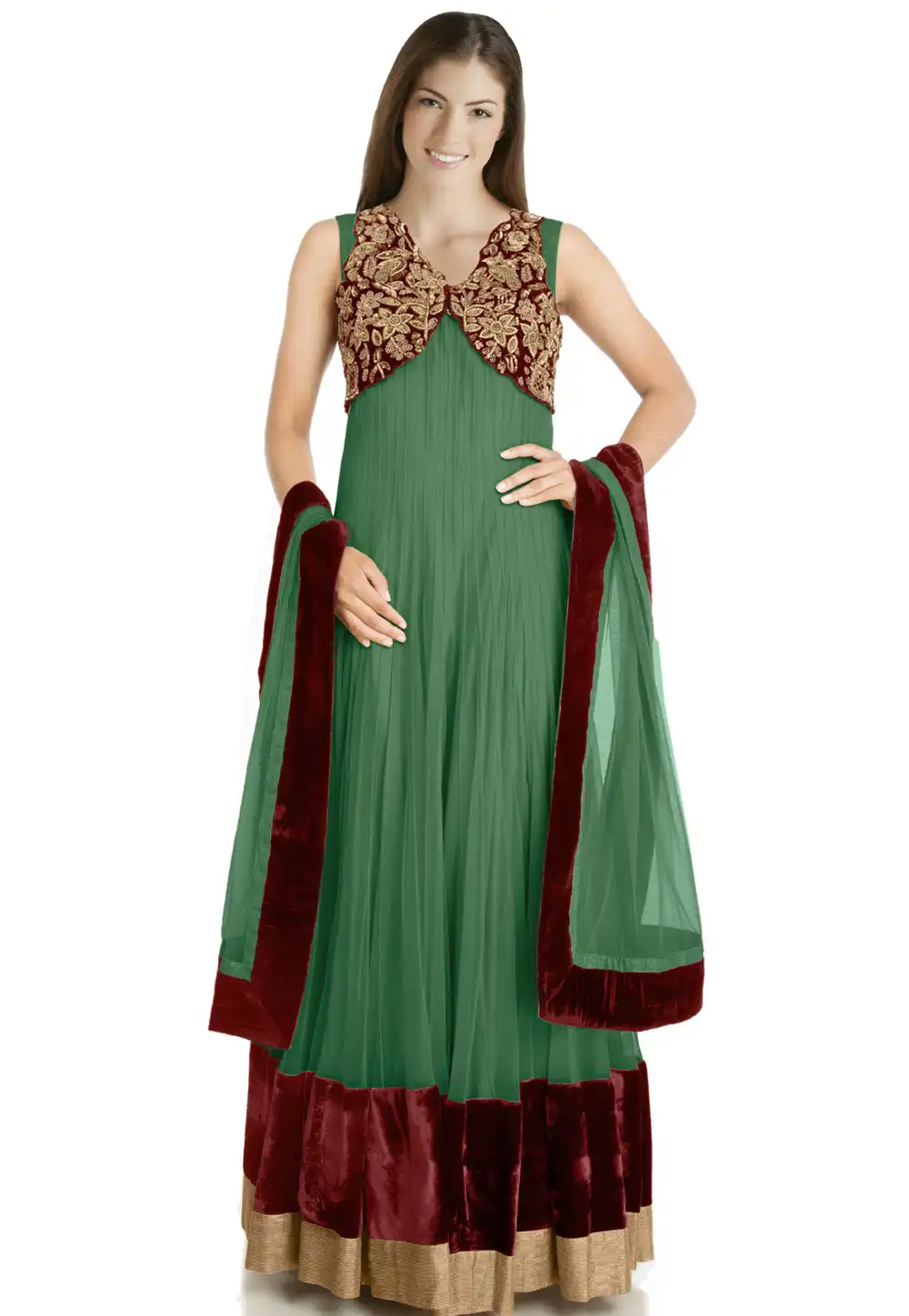 Green Net Readymade Anarkali Suit 322192