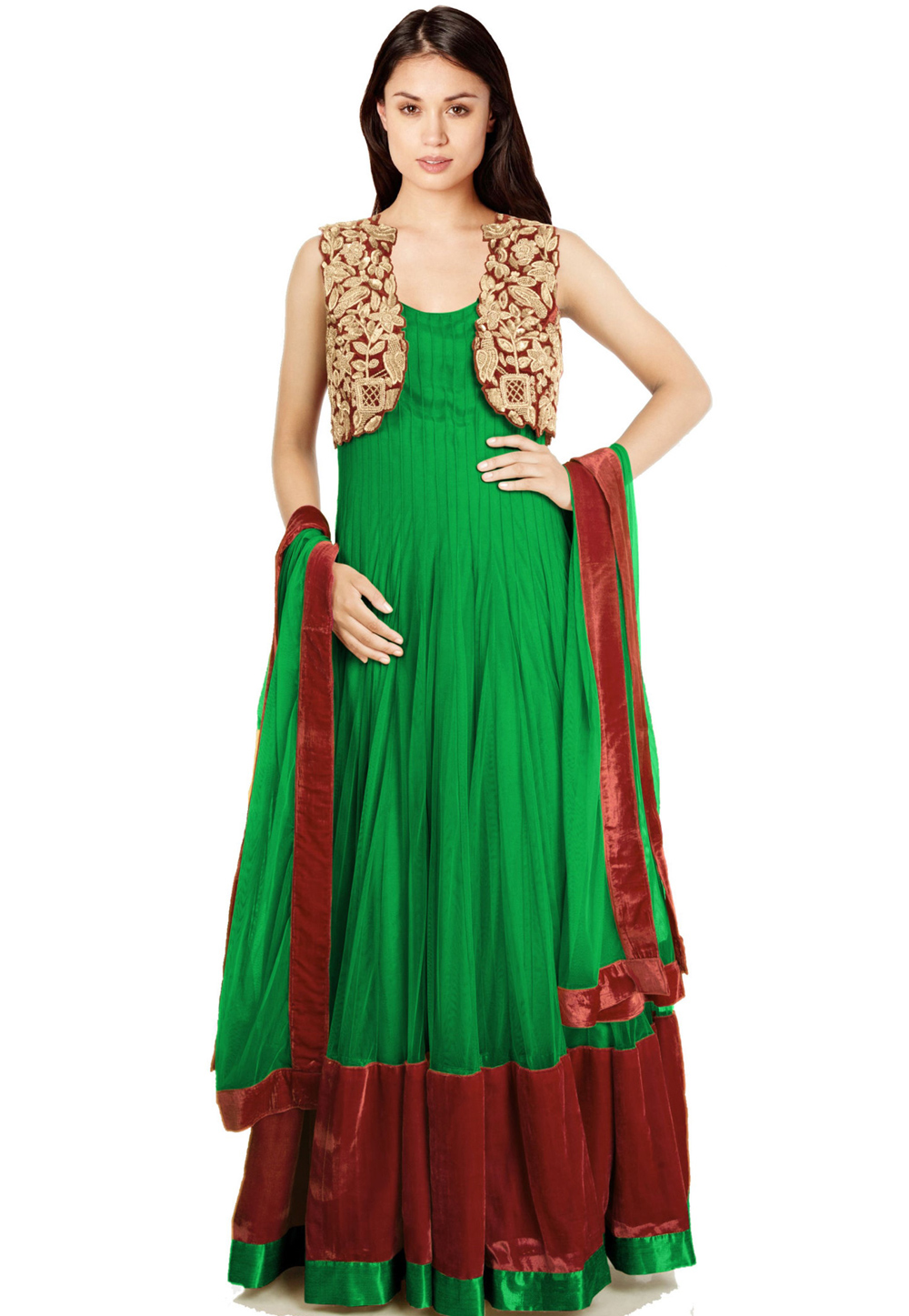 Green Net Readymade Anarkali Suit 322198