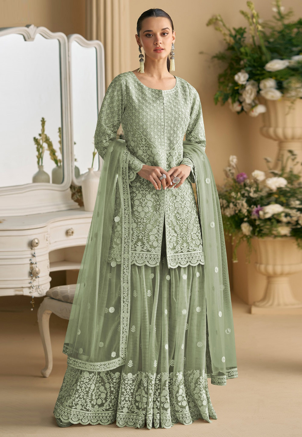 Green Net Readymade Gharara Suit 318386