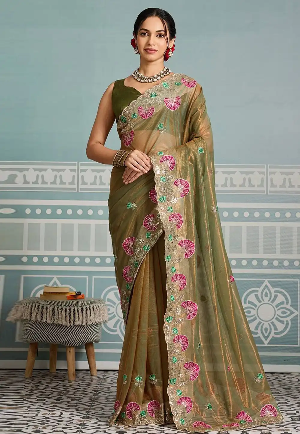 Green Net Saree With Blouse 317569