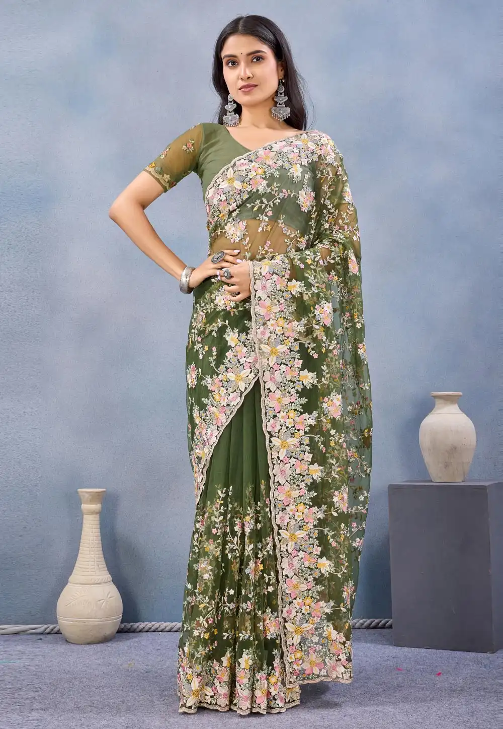Green Net Saree With Blouse 327628