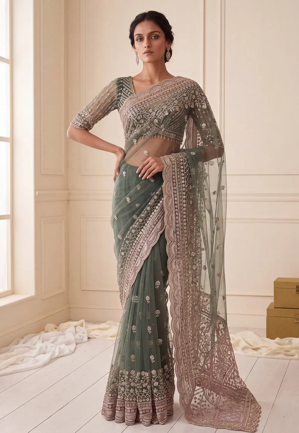 Green Net Saree With Blouse 337128
