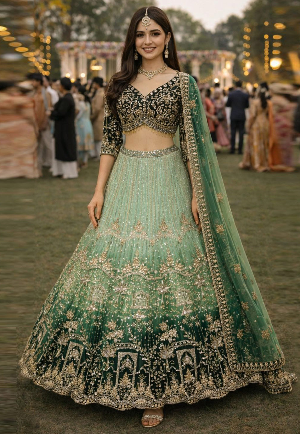 Green Net Wedding Lehenga Choli 328123