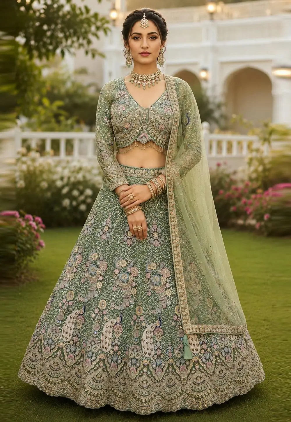 Green Net Wedding Lehenga Choli 331474