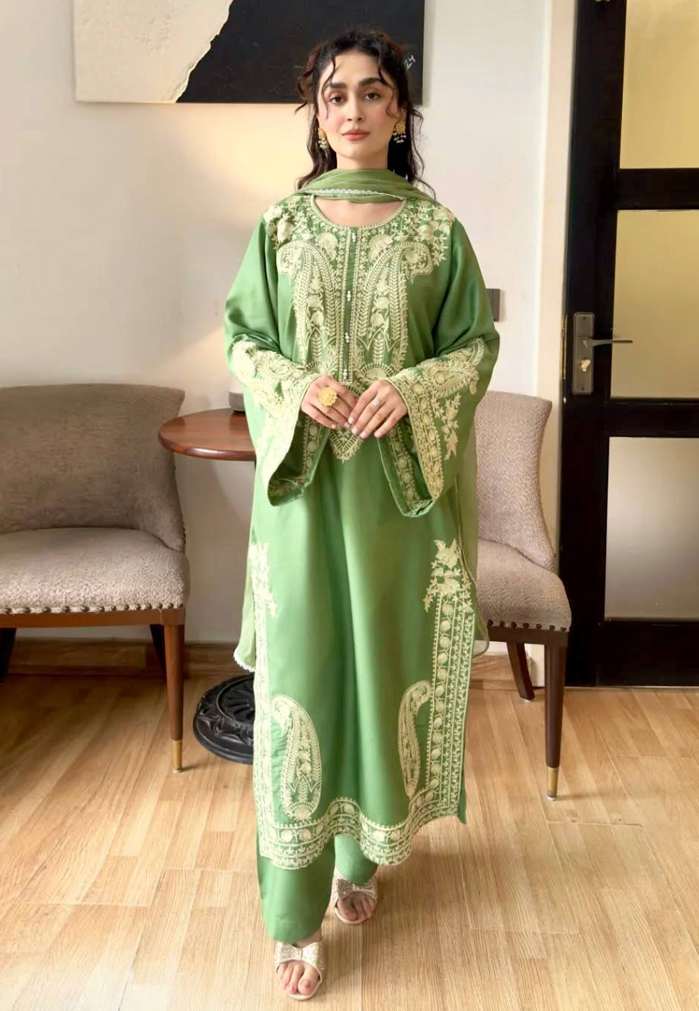 Green Nylon Readymade Pant Style Suit 328976