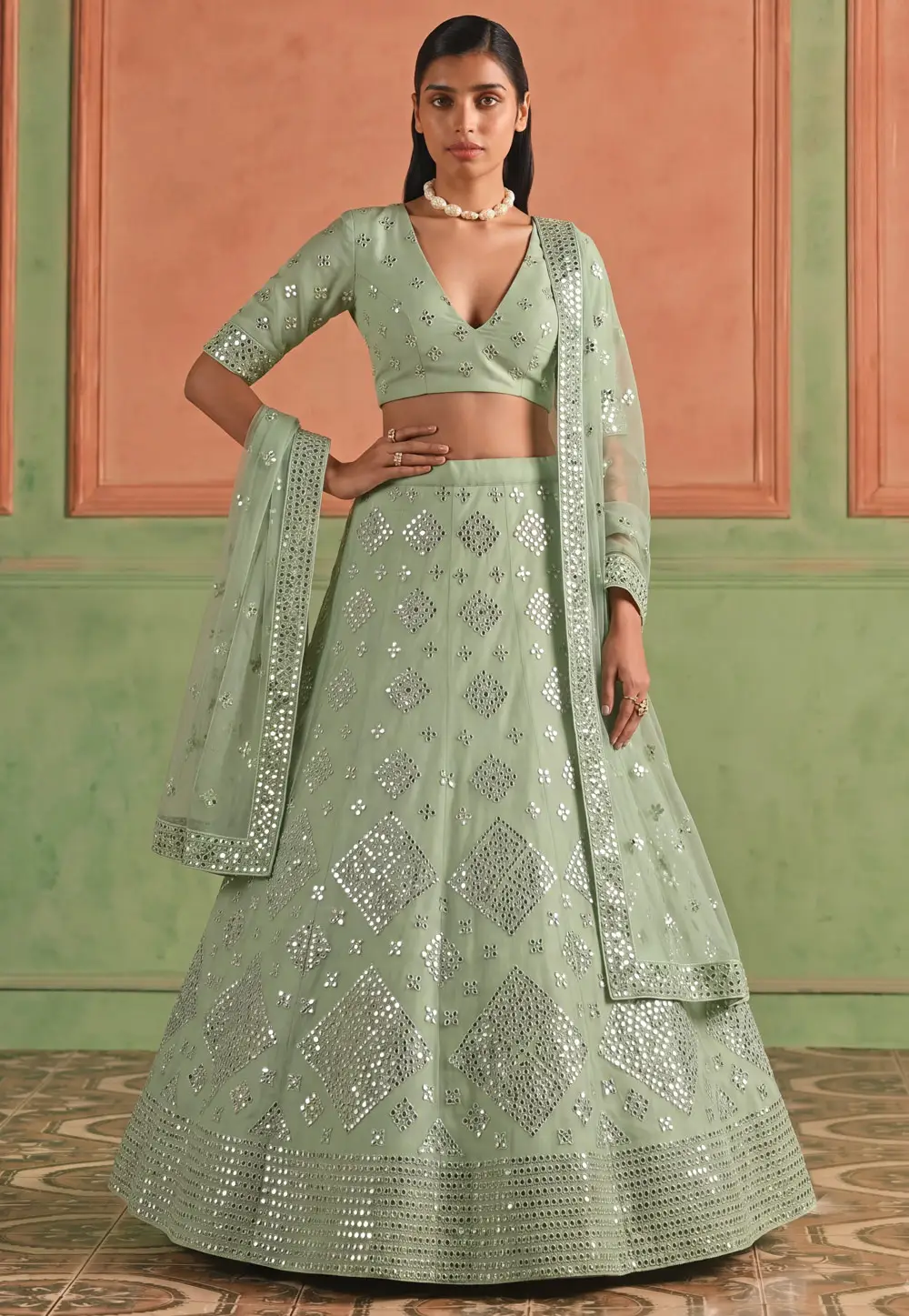 Green Organza A Line Lehenga Choli 335663