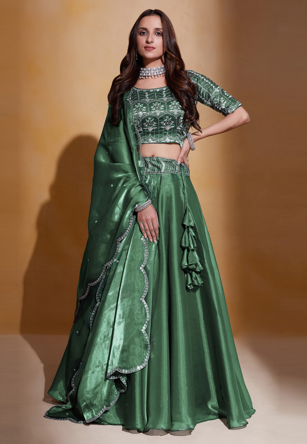 Green Organza Circular Lehenga Choli 279318