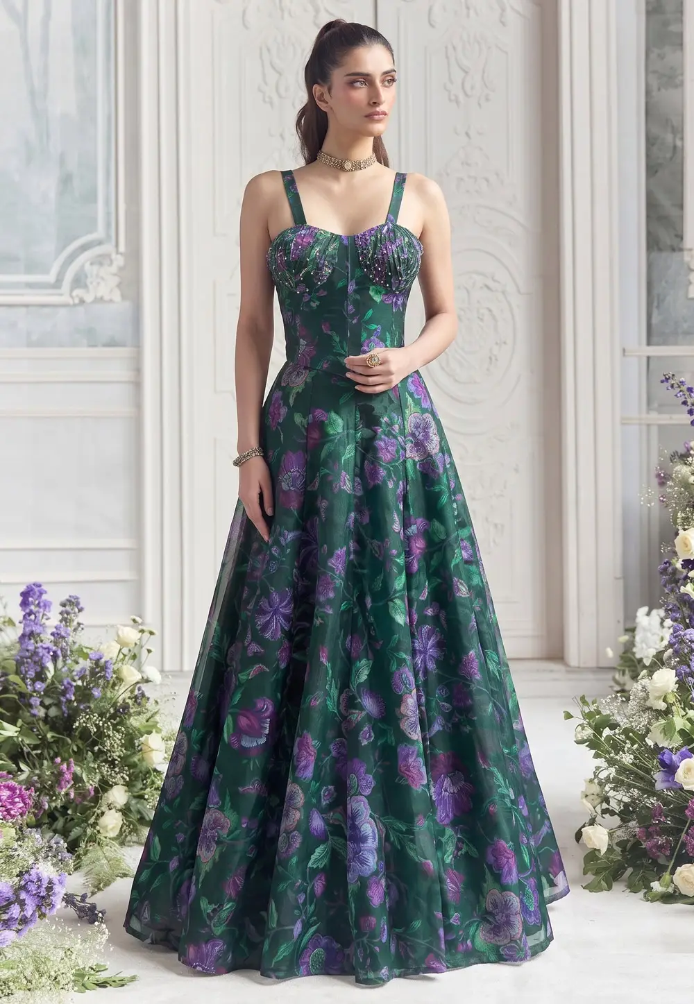 Green Organza Floral print Lehenga Choli 333343