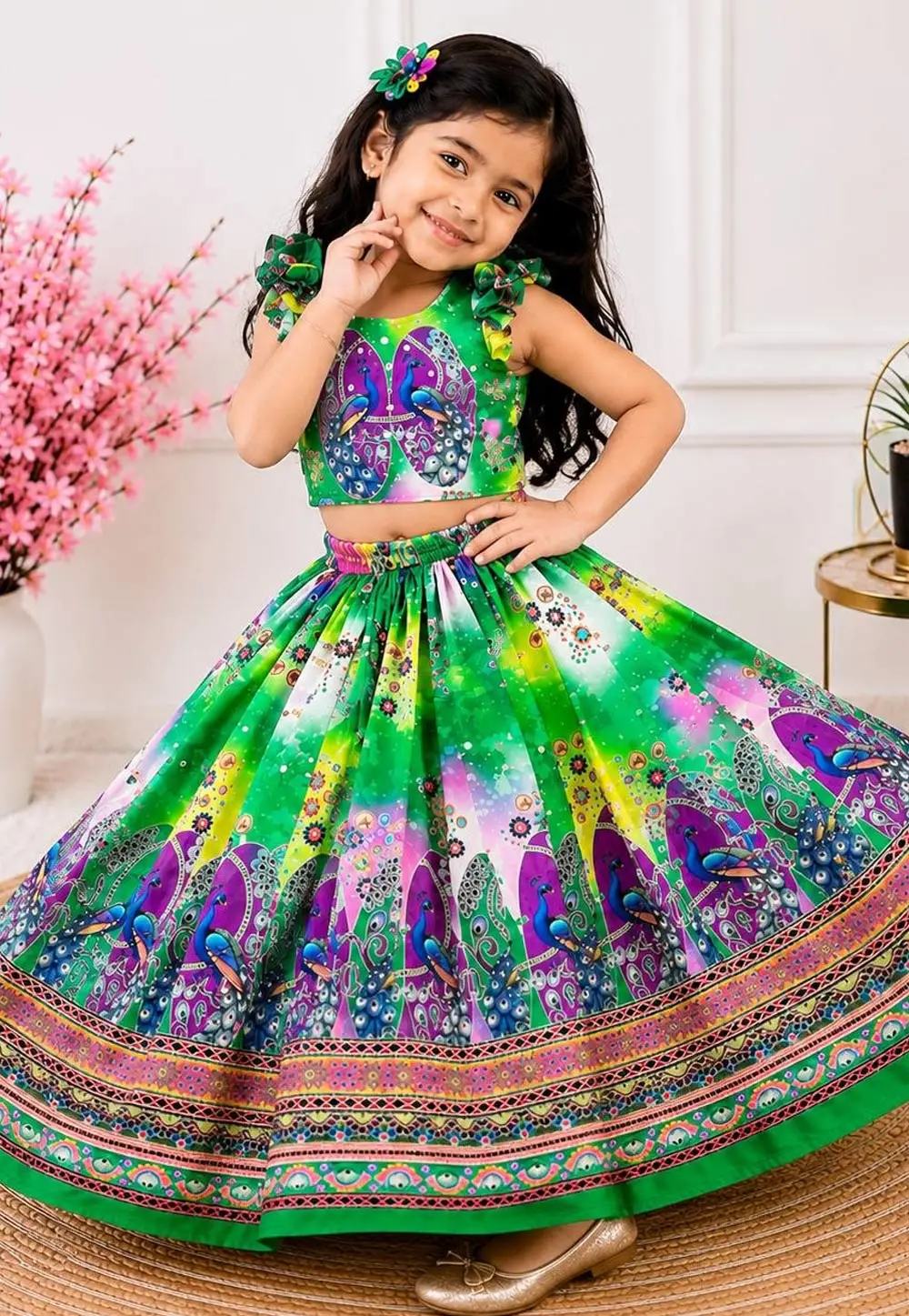 Green Organza Kids Lehenga Choli 333115