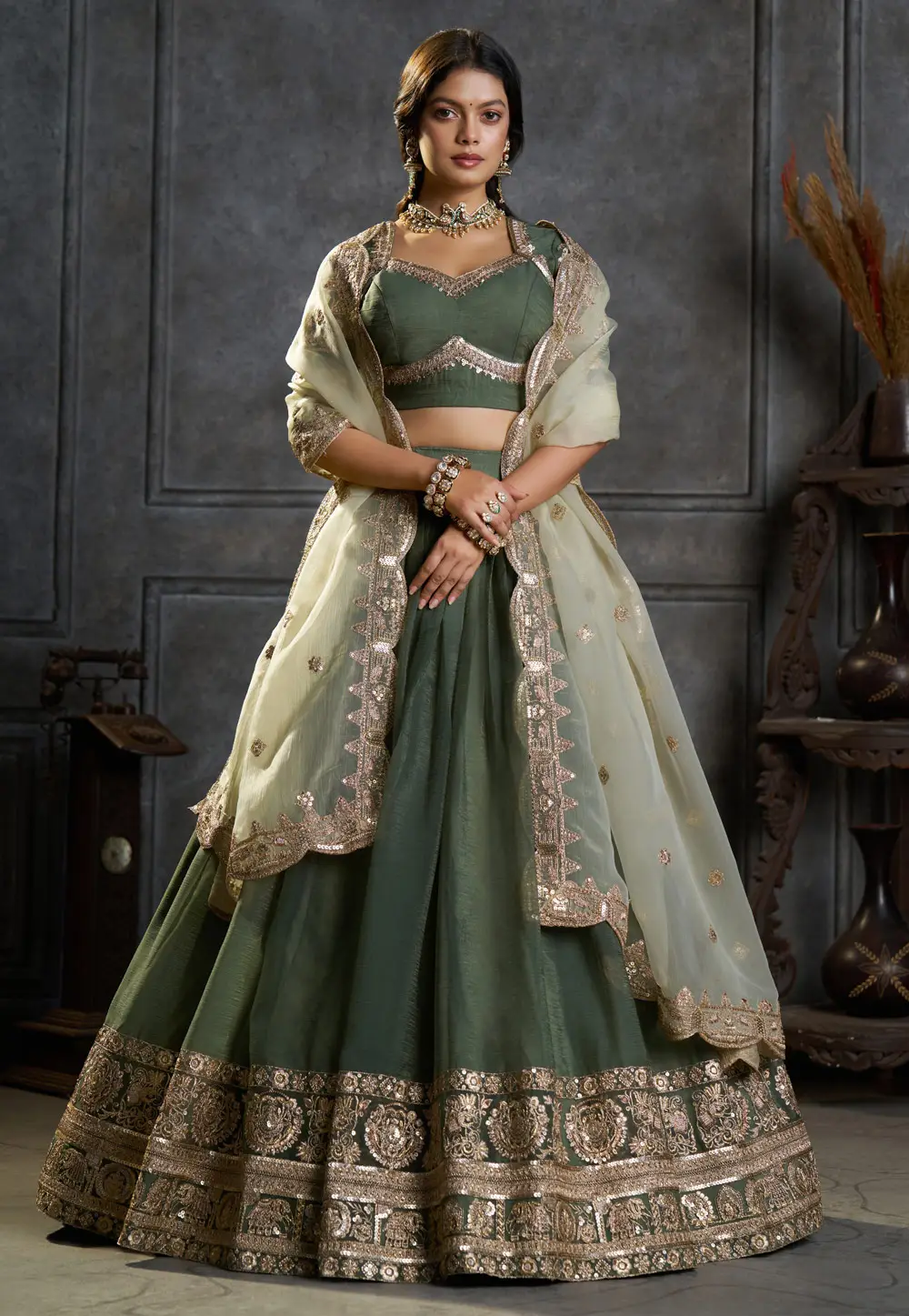 Green Organza Lehenga Choli 336474