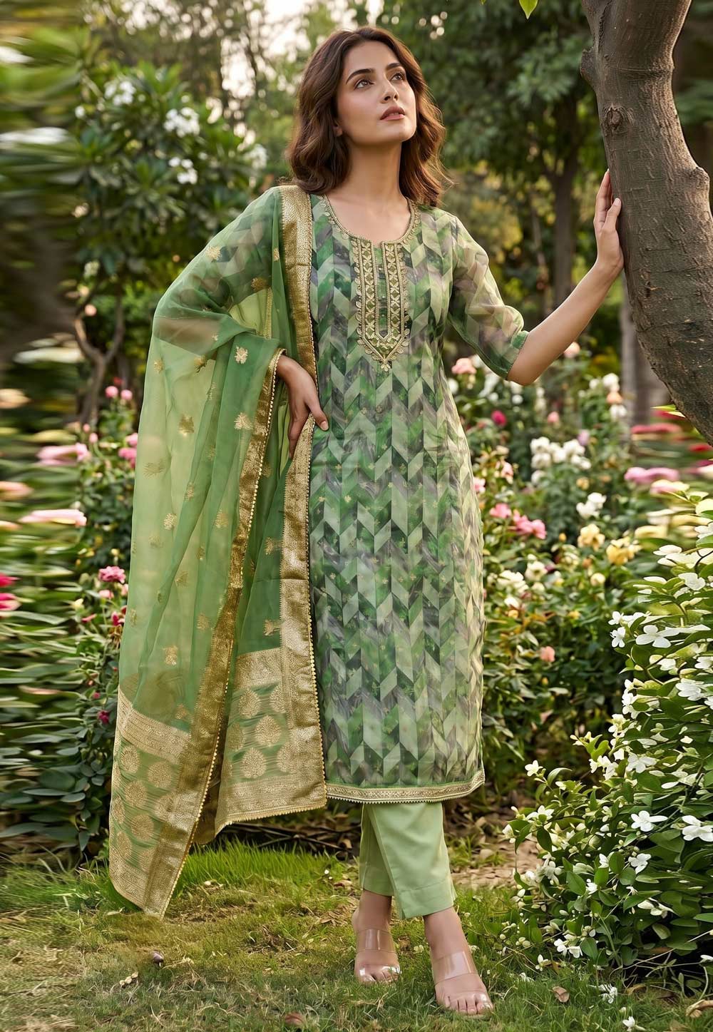 Green Organza Pakistani Suit 329277