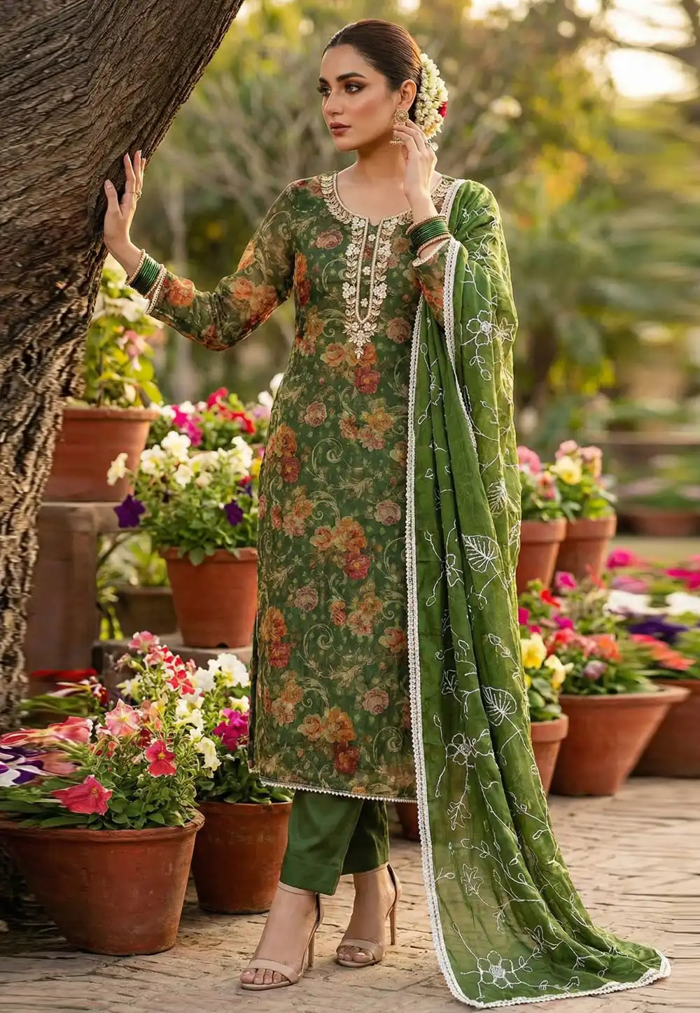 Green Organza Pant Style Suit 327436