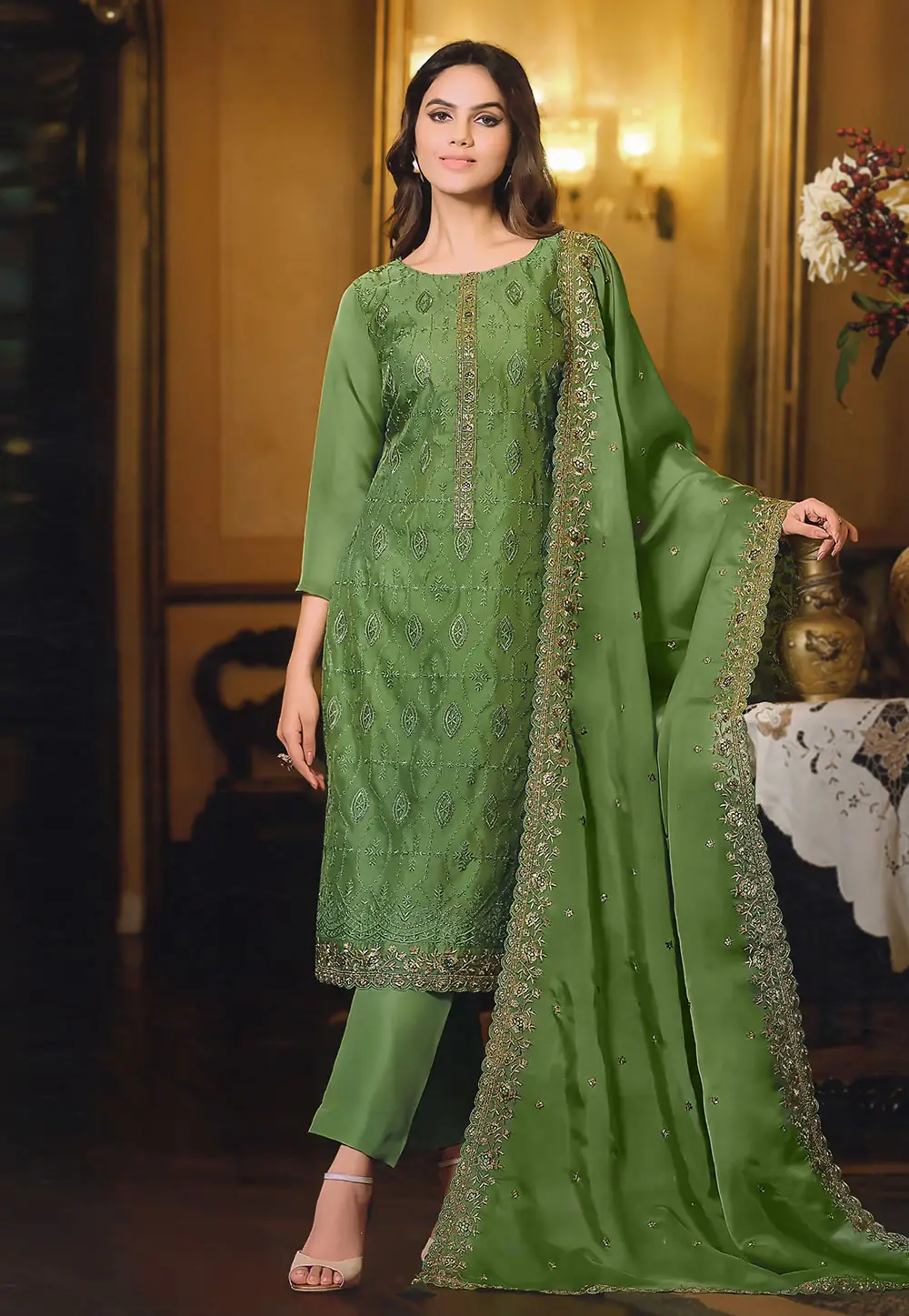 Green Organza Pant Style Suit 336790