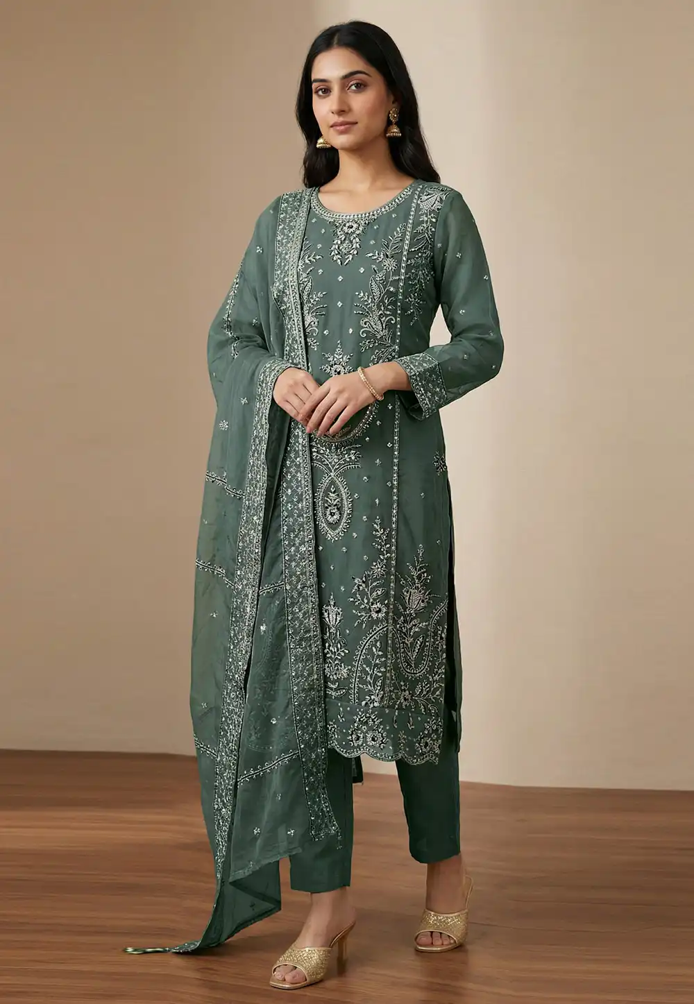 Green Organza Pant Style Suit 329159