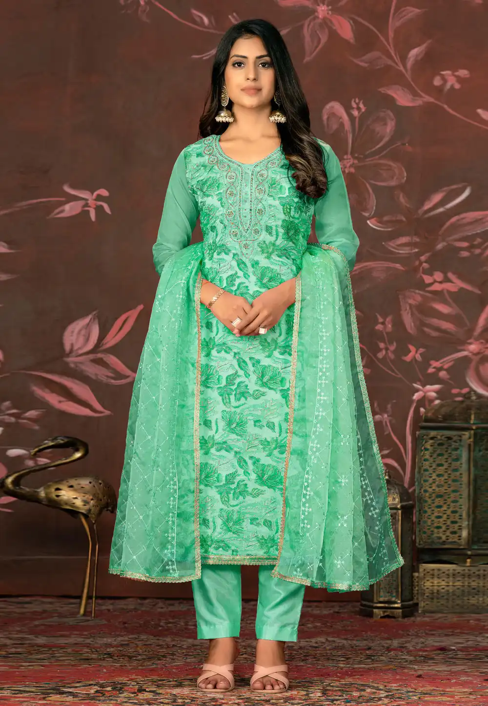 Green Organza Pant Style Suit 281059