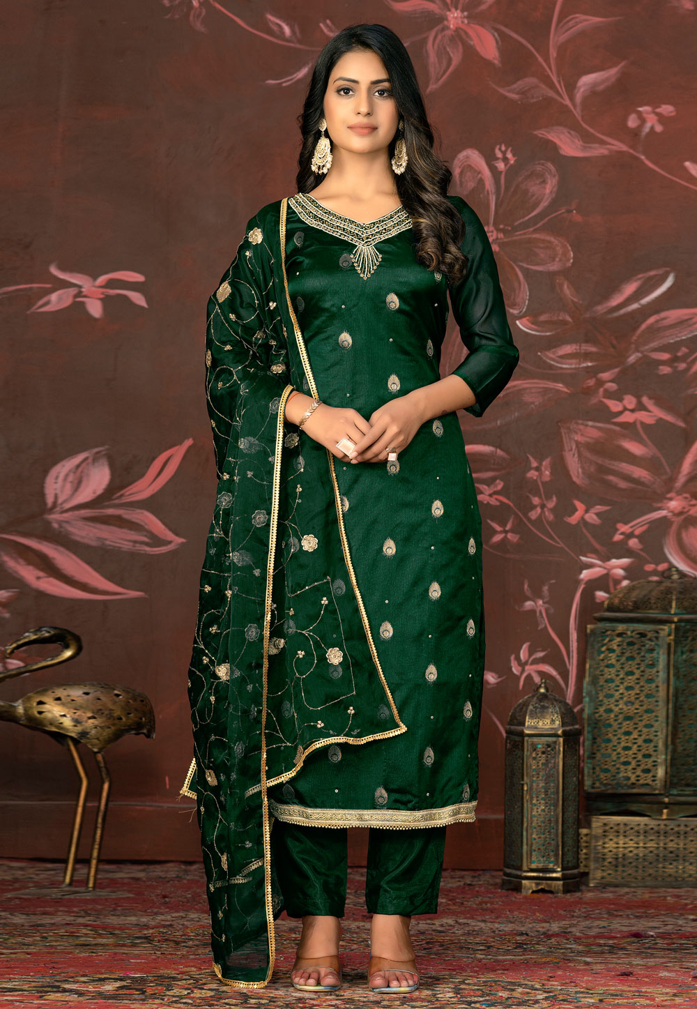 Green Organza Pant Style Suit 281229