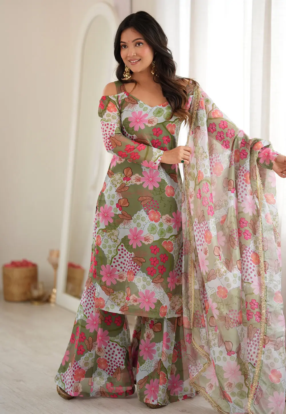 Green Organza Readymade Palazzo Suit 336274