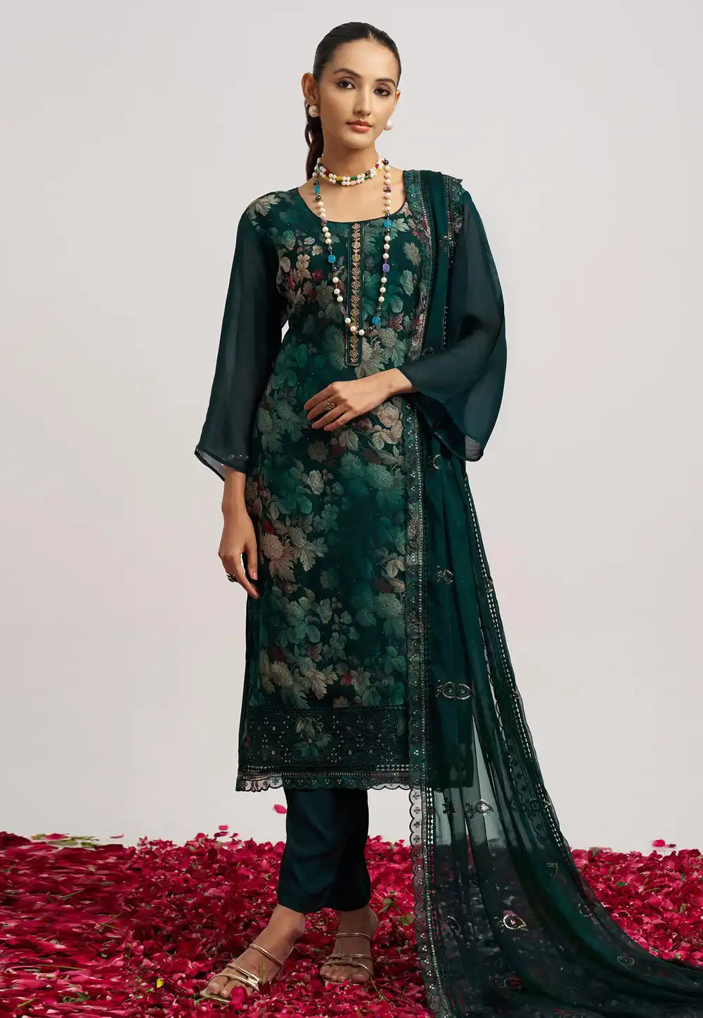 Green Organza Readymade Pant Style Suit 316023