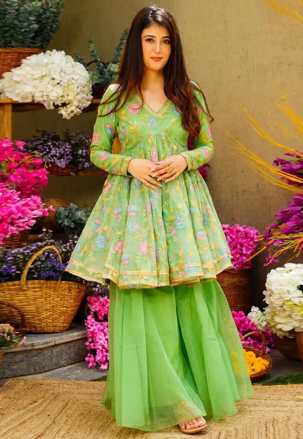 Green Organza Readymade Sharara Suit 288149