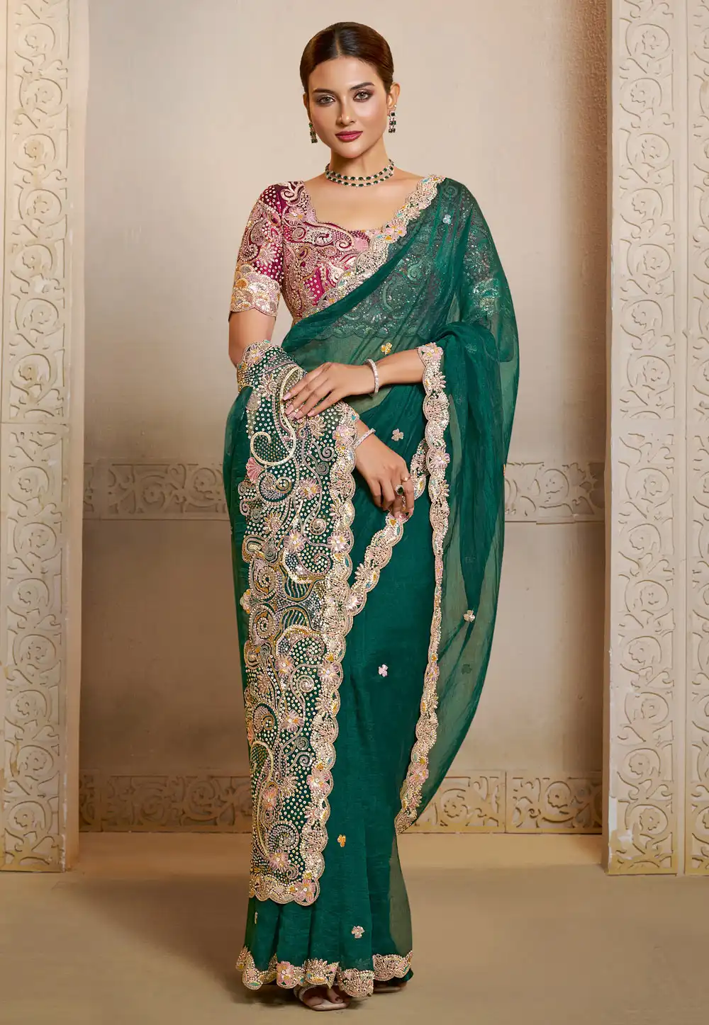Green Organza Saree With Blouse 318961