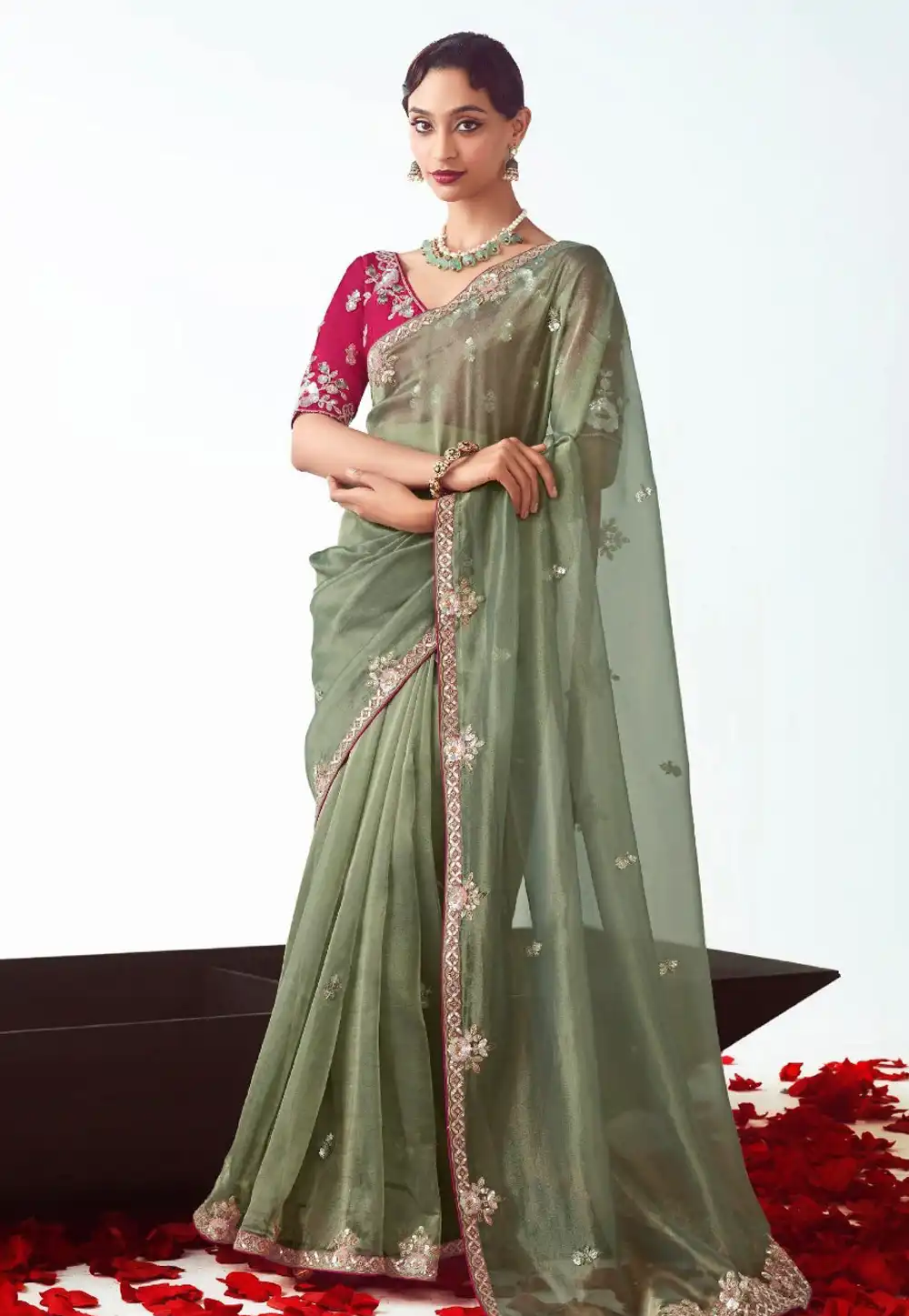 Green Organza Saree With Blouse 314450