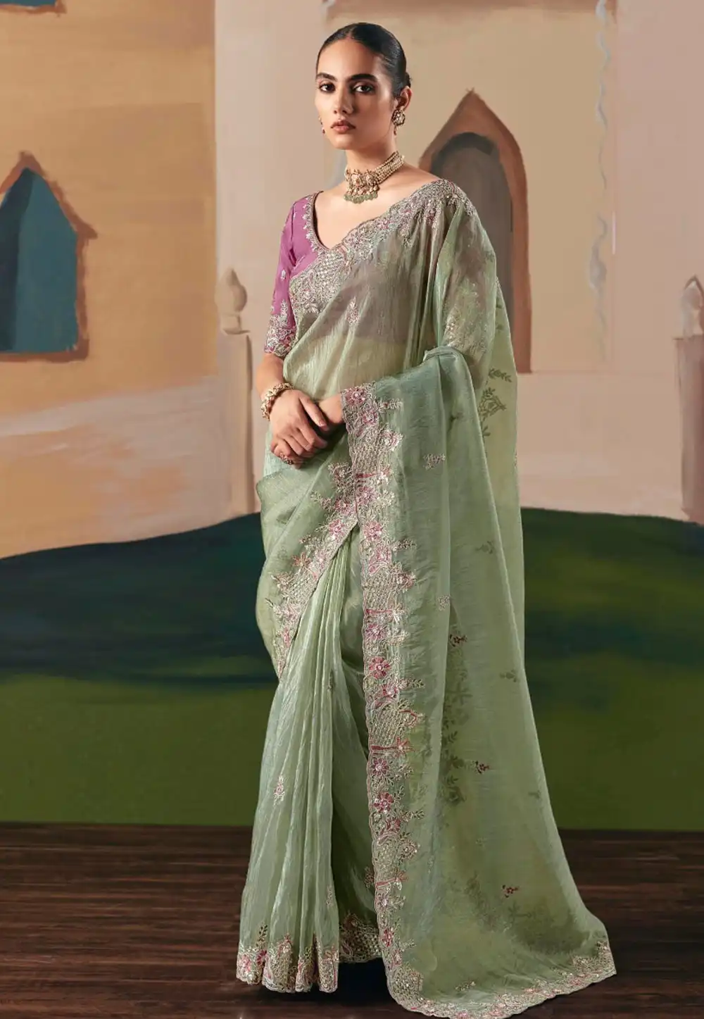 Green Organza Saree With Blouse 318356