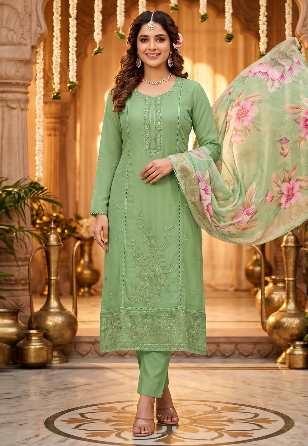 Green Organza Straight Suit 328531