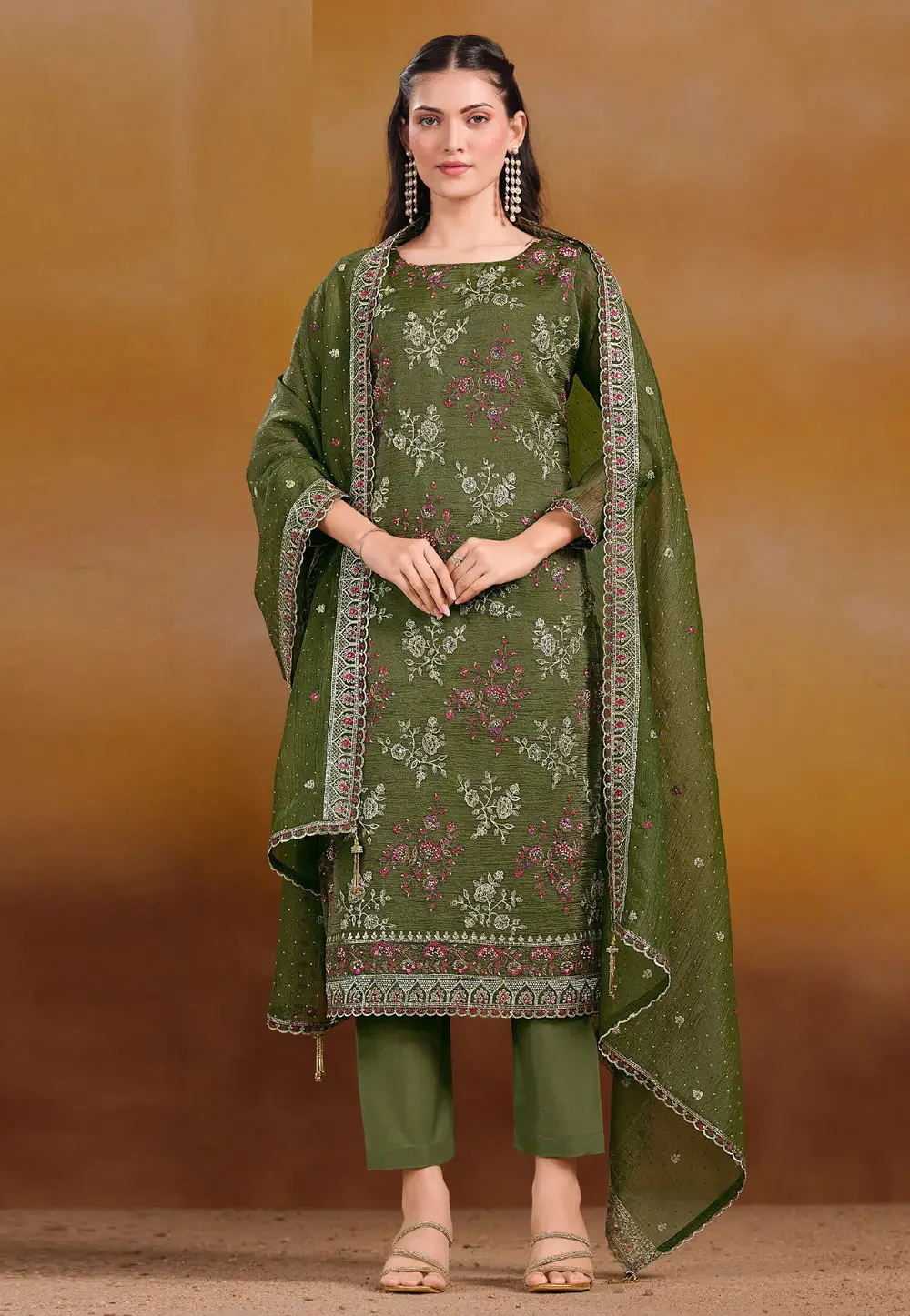 Green Organza Straight Suit 336766