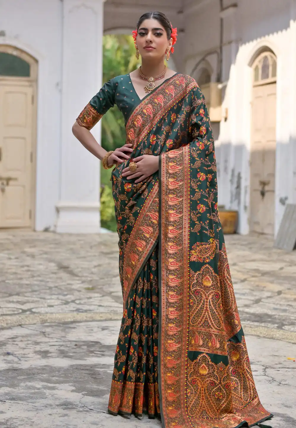 Green Pashmina Saree With Blouse 305666