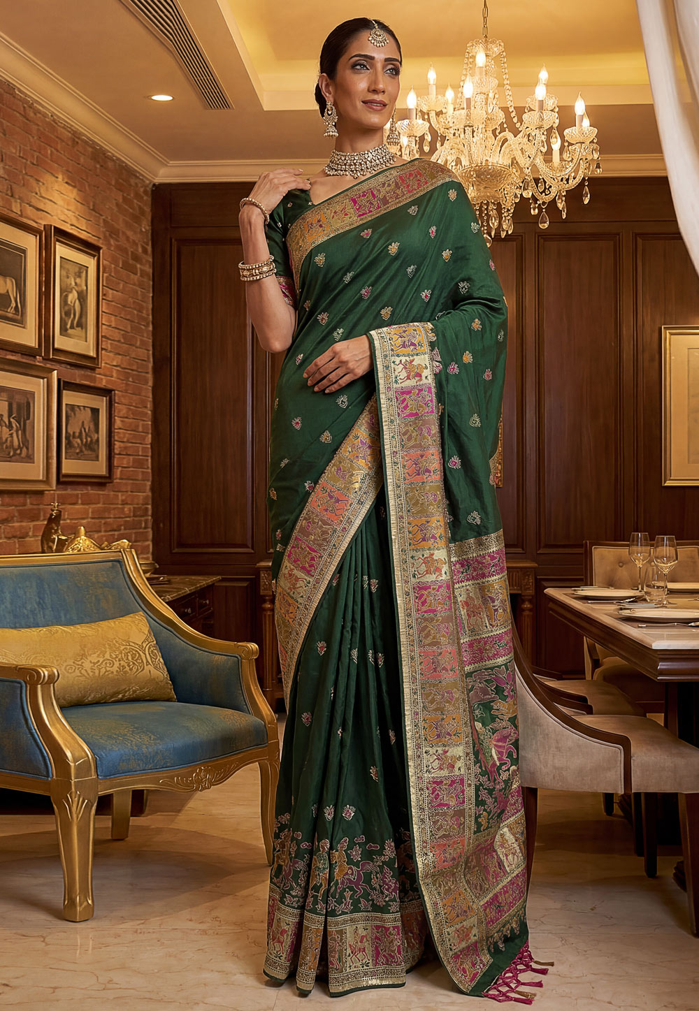 Green Pashmina Saree With Blouse 327753
