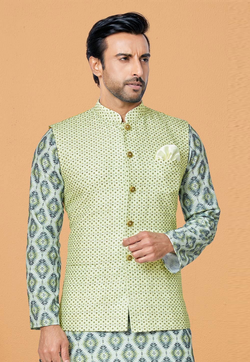 Green Polyester Nehru Jacket 286809