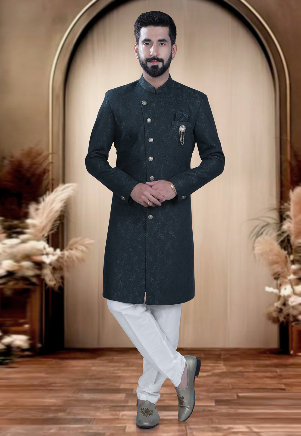Green Rayon Indo Western Sherwani 319655