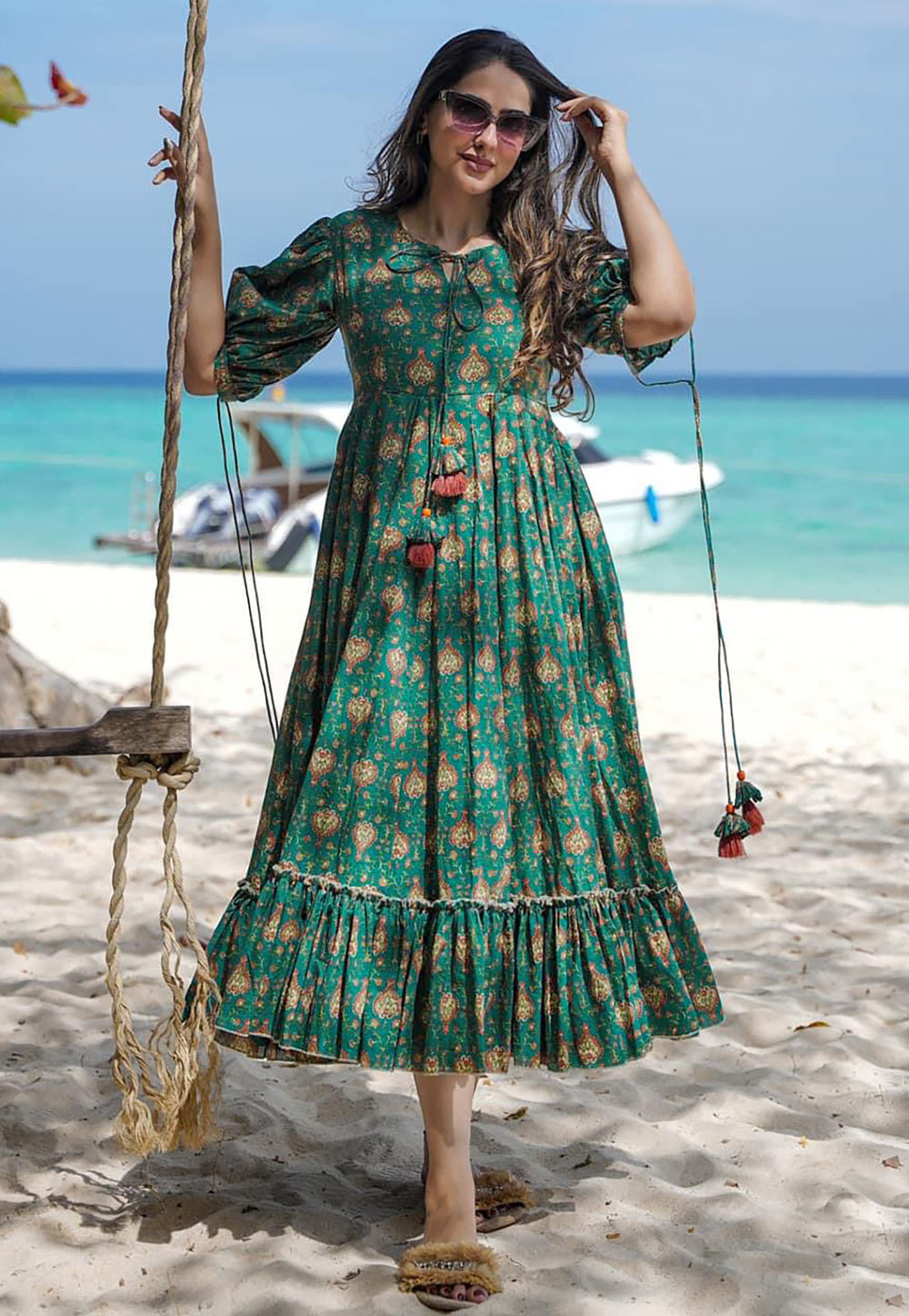 Green Rayon Printed Gown 308690