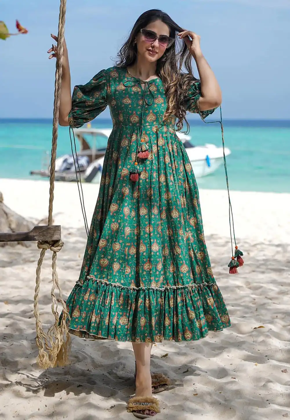 Green Rayon Printed Gown 308690