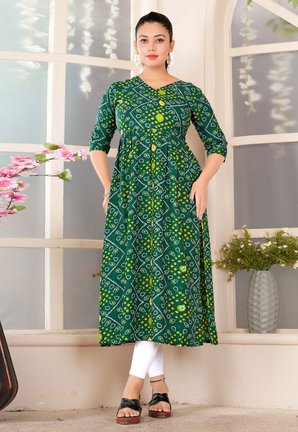 Green Rayon Printed Long Kurti 312732