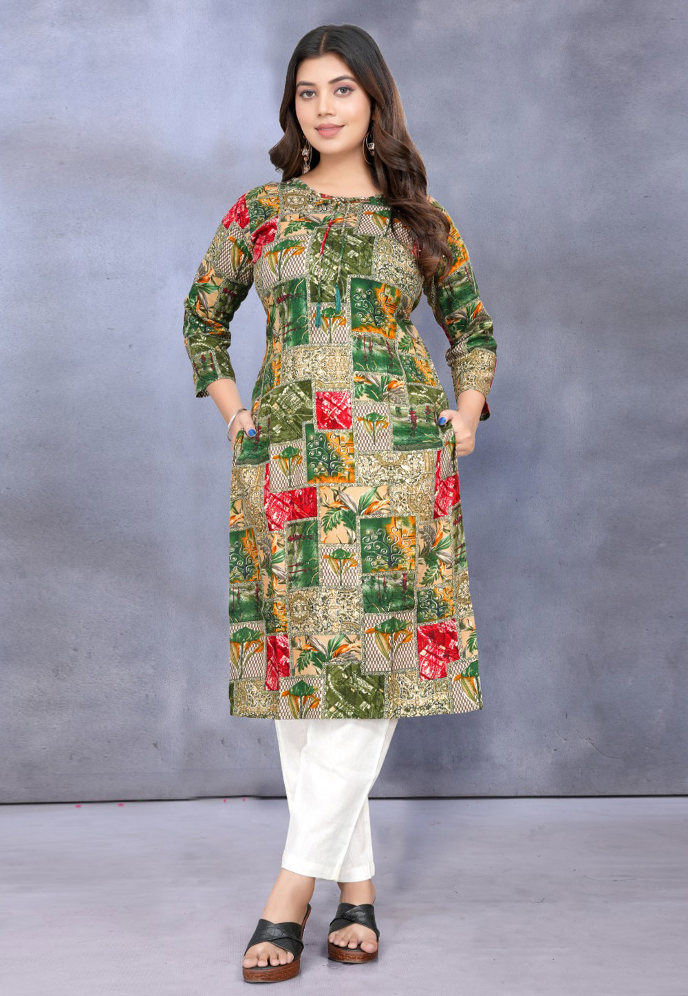 Green Rayon Printed Long Kurti 312621