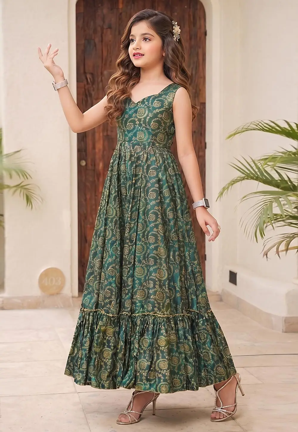 Green Rayon Readymade Kids Gown 332560